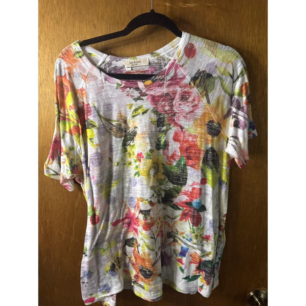 Jess & Jane Womens Large Floral Print Short Sleeve Top Multi Color Made in USA